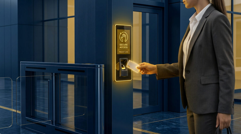 Une employée en costume utilise un badge magnétique pour déverrouiller un portique d'accès moderne dans un hall d'entreprise.