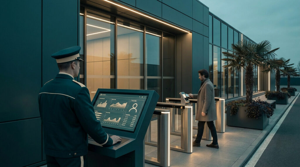 Agent de sécurité supervisant un contrôle d'accès biométrique devant un bâtiment moderne.