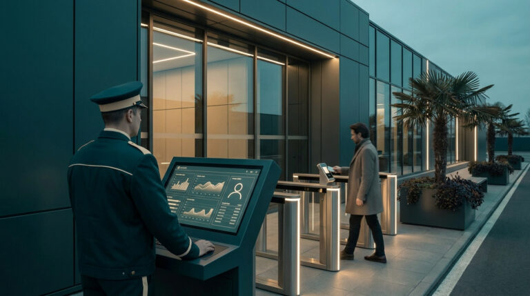 Agent de sécurité supervisant un contrôle d'accès biométrique devant un bâtiment moderne.