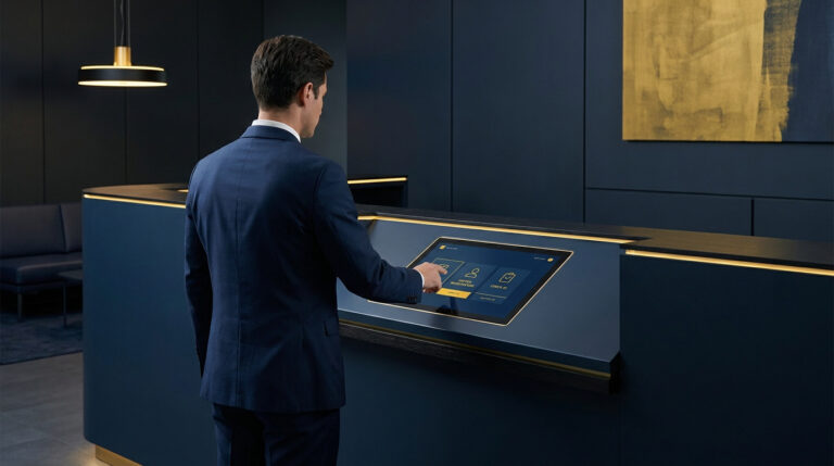 Un homme en costume utilise une borne tactile d'enregistrement dans un hall d'accueil d'entreprise moderne.