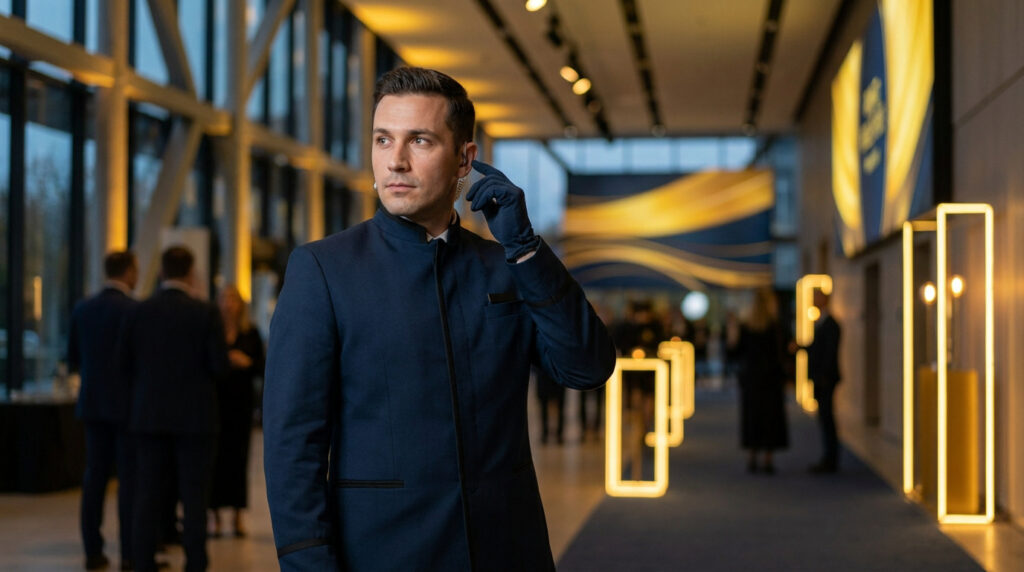 Un agent de sécurité en uniforme bleu et gants ajuste son oreillette dans un hall d'accueil d'événement moderne.