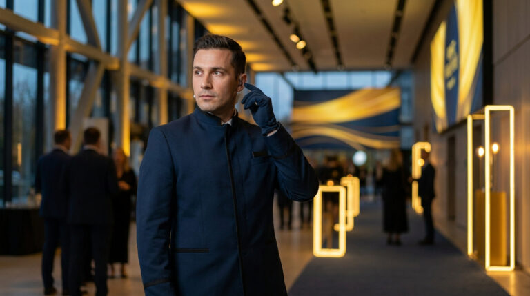 Un agent de sécurité en uniforme bleu et gants ajuste son oreillette dans un hall d'accueil d'événement moderne.