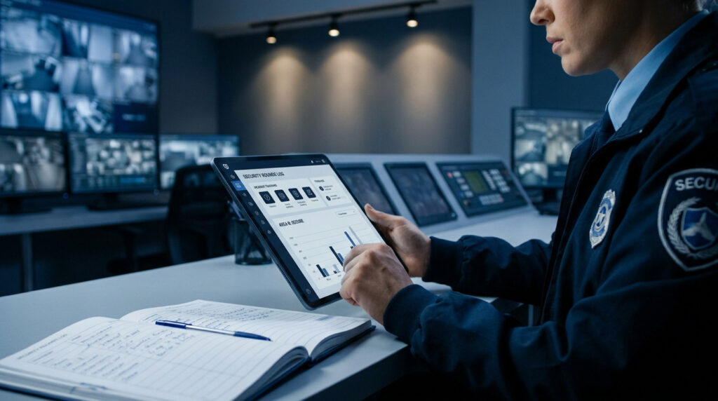 Agent de sécurité utilisant une tablette numérique pour enregistrer des données dans un centre de vidéosurveillance.