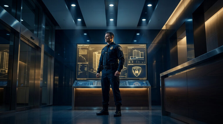 Un agent de sécurité en uniforme debout dans un centre de contrôle moderne avec des écrans de surveillance.
