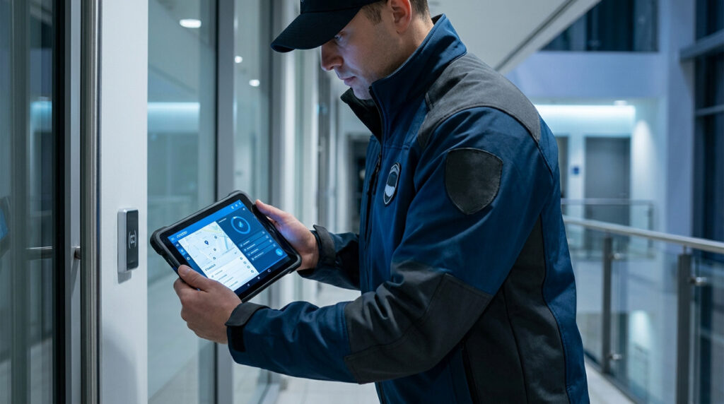 Un agent de sécurité en uniforme utilise une tablette numérique pour scanner un point de contrôle dans un couloir moderne.