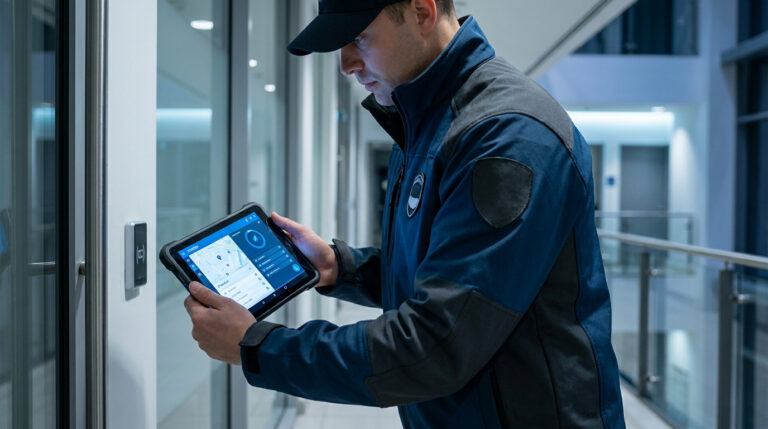 Un agent de sécurité en uniforme utilise une tablette numérique pour scanner un point de contrôle dans un couloir moderne.
