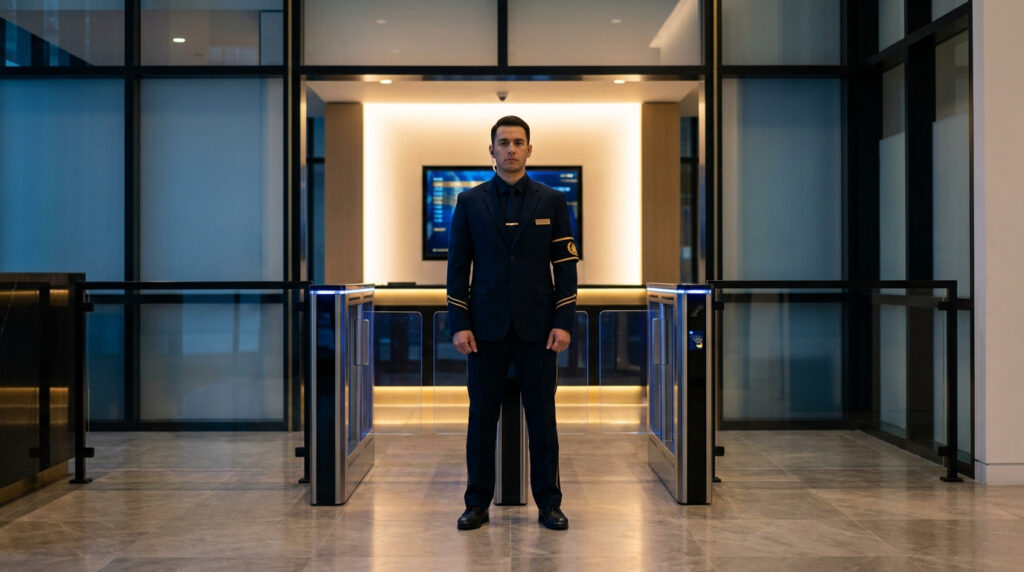 Un agent de sécurité en uniforme se tient debout devant les portiques d'accès d'un immeuble de bureaux moderne.
