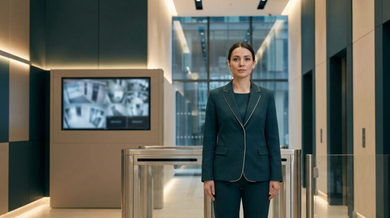 Une femme agent de sécurité en costume vert dans le hall moderne d'un immeuble de bureaux.