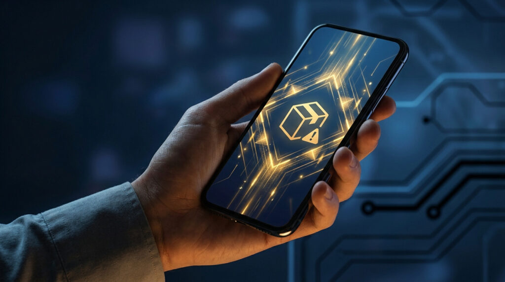 Une main tenant un smartphone affichant une icône de colis avec un triangle d'avertissement sur fond technologique.