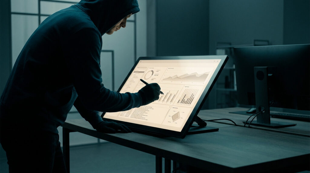 Un individu en capuche sombre manipule un écran tactile affichant des graphiques dans un bureau plongé dans l'obscurité.