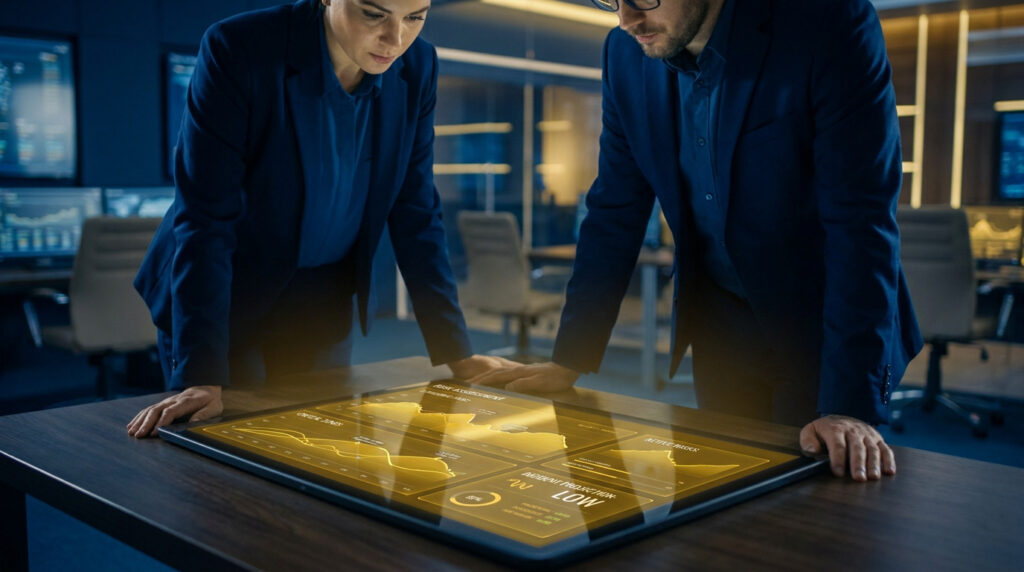 Deux professionnels en costume analysant des graphiques de sécurité sur une table tactile interactive dans un centre.
