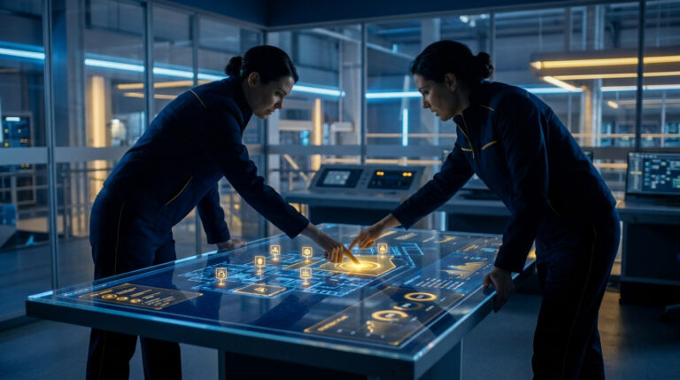 Deux expertes analysent une carte interactive des risques sur une table tactile lumineuse dans un centre de contrôle.
