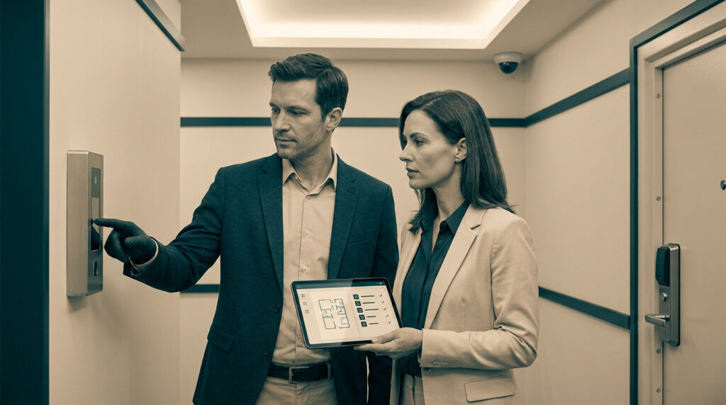 Professionnels effectuant un audit de sécurité avec une tablette dans un couloir de bureau.