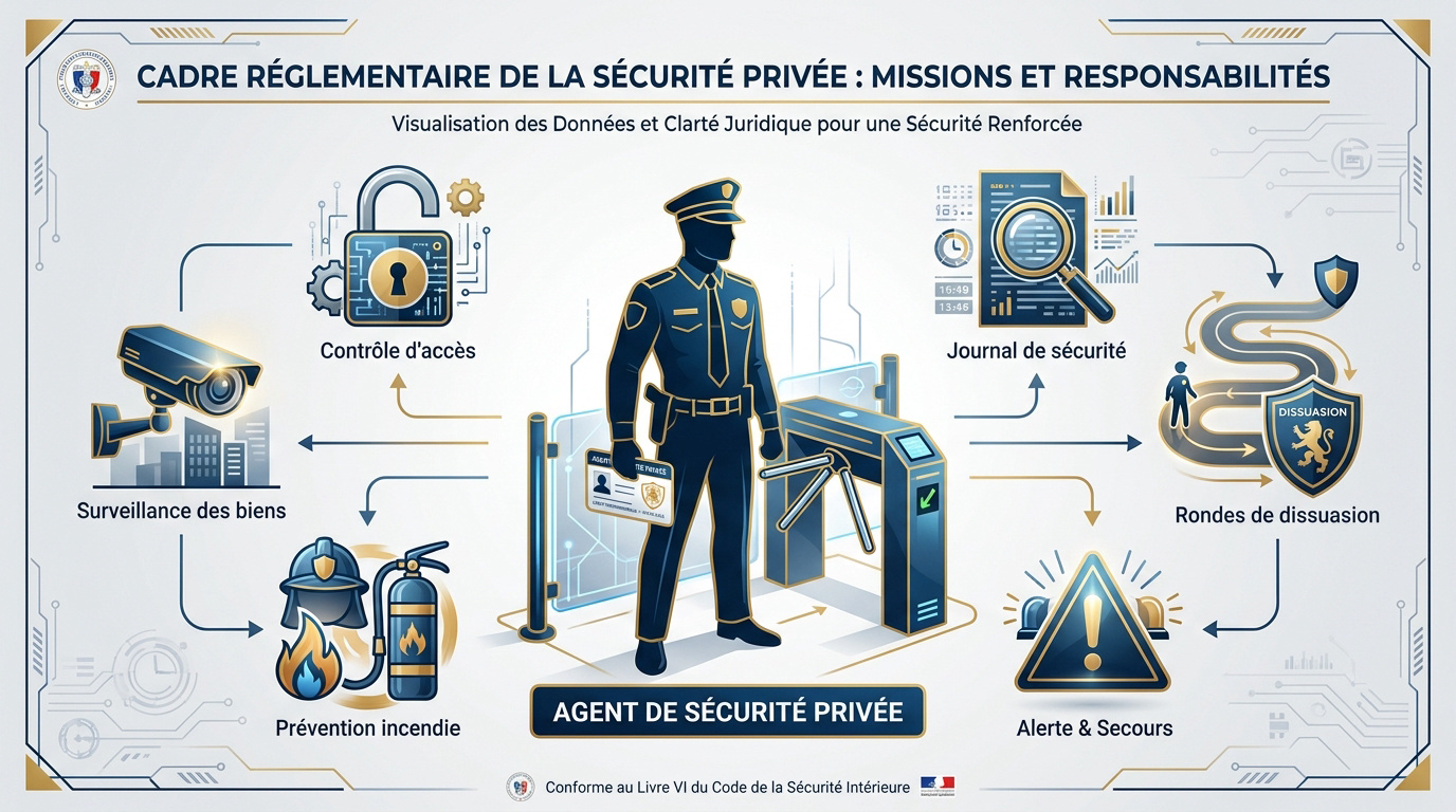 Agent de sécurité privée en mission de surveillance et contrôle d'accès sur un site professionnel