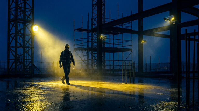 Un agent de sécurité en casque et gilet marche sur un chantier sous des projecteurs et caméras de surveillance.