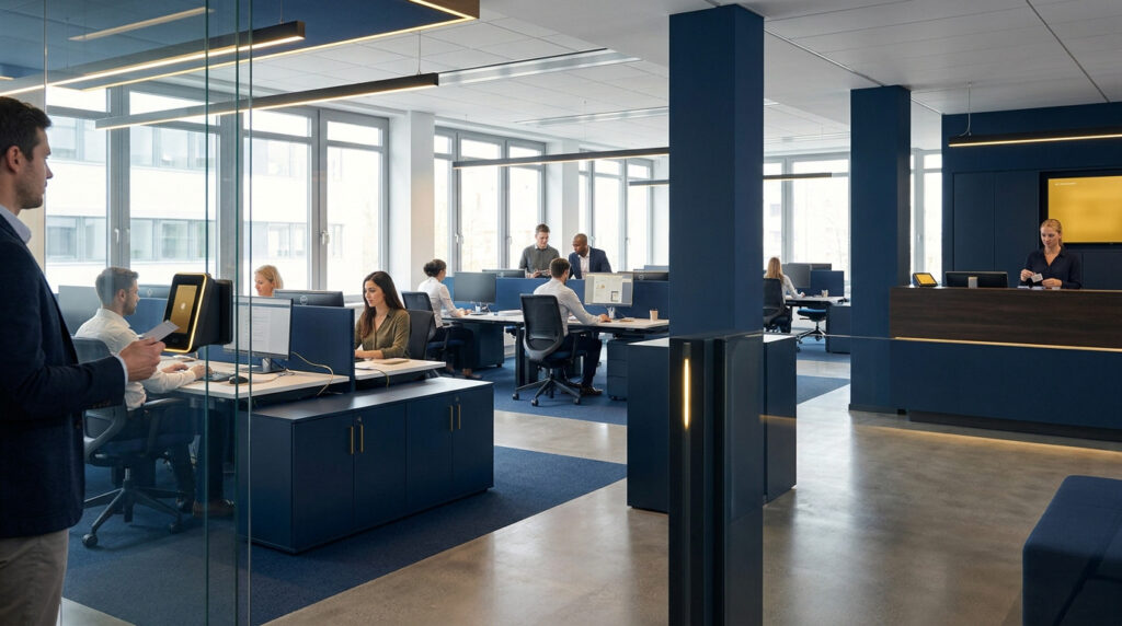 Un employé utilisant un lecteur de badge à l'entrée d'un open space moderne et professionnel.