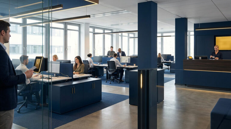 Un employé utilisant un lecteur de badge à l'entrée d'un open space moderne et professionnel.