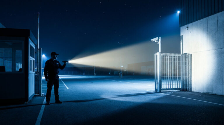 Un agent de sécurité effectue une ronde de nuit, éclairant un portail avec une lampe torche puissante.
