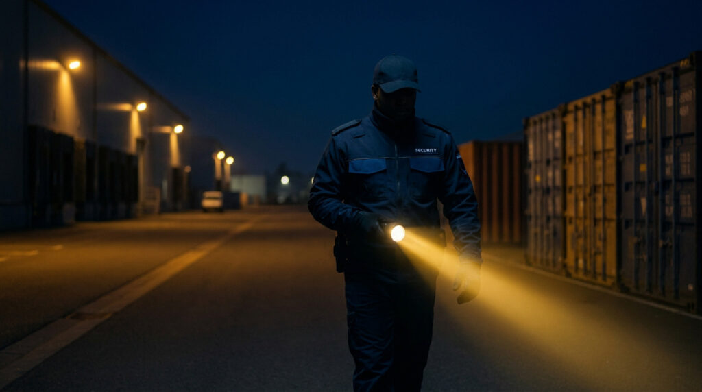 Agent de sécurité en uniforme effectuant une ronde nocturne avec une lampe torche entre des conteneurs d'entrepôt.