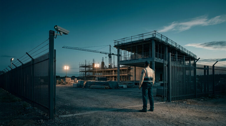 Agent de sécurité en uniforme surveillant un chantier de construction clôturé à la tombée de la nuit.