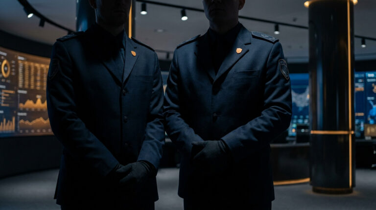 Deux agents de sécurité en uniforme sombre dans un centre de contrôle avec des écrans de données en arrière-plan.