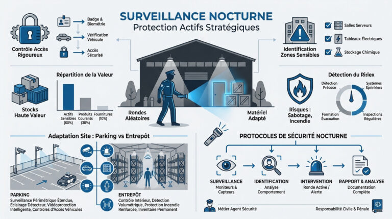 Infographie illustrant les procédures de sécurité pour la surveillance nocturne d'entrepôts, parkings et sites.