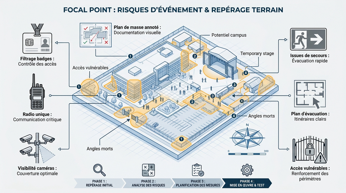 Infographie détaillant les étapes clés du repérage terrain pour la sécurité d'un événement d'entreprise