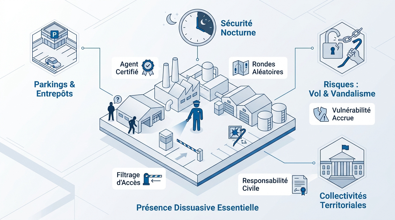 Infographie montrant les points clés de la sécurité industrielle nocturne et les rondes de gardiennage