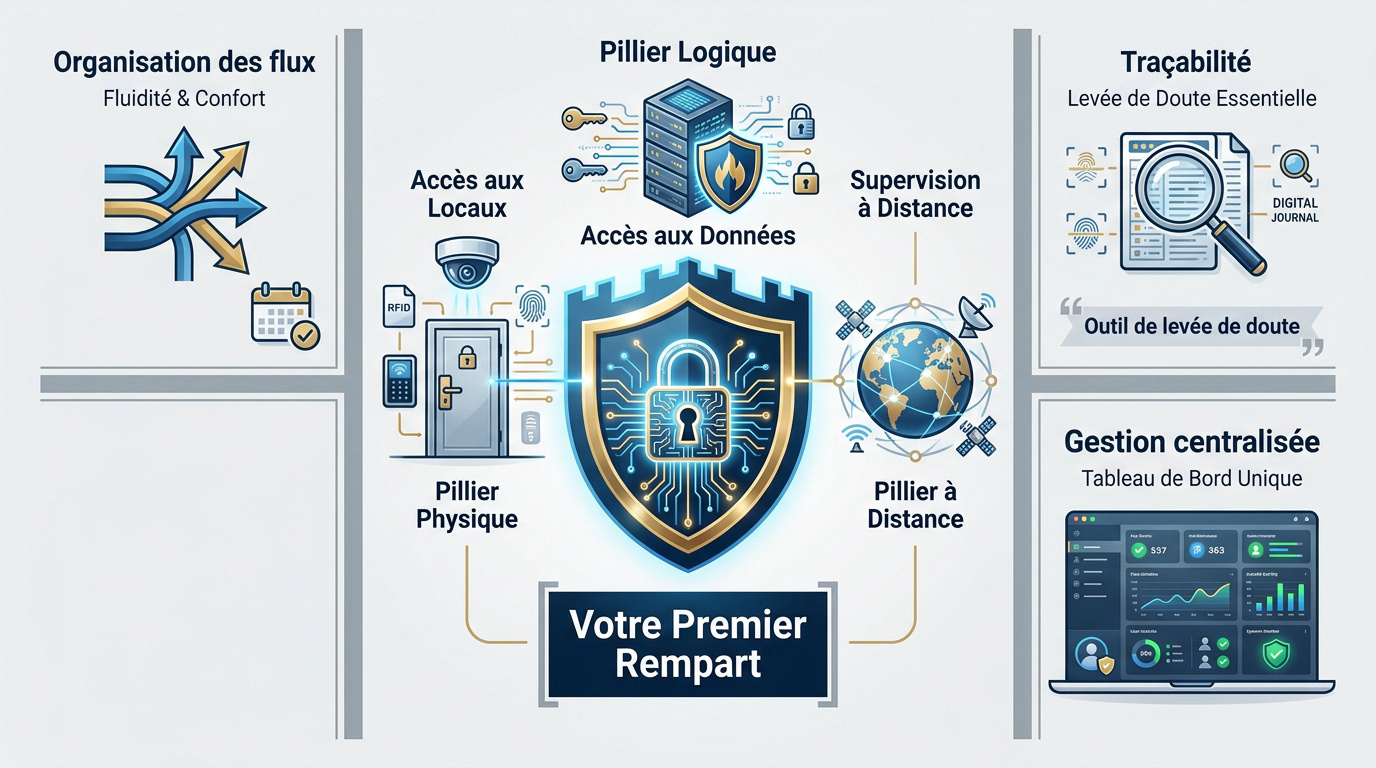 Infographie sur la structure du contrôle d'accès physique et logique en entreprise