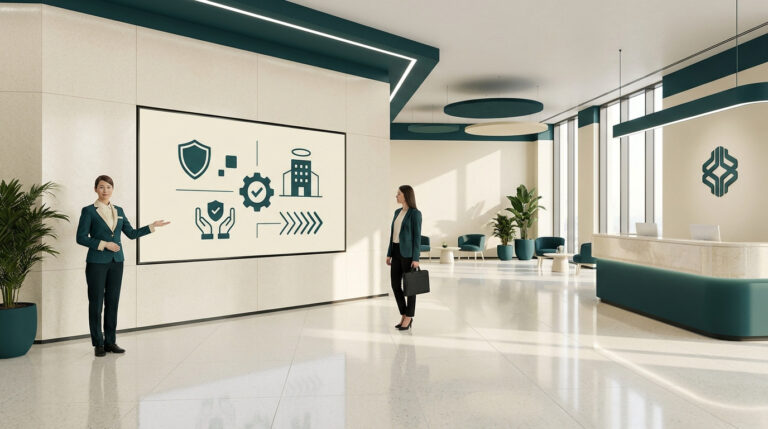 Une hôtesse présente un écran affichant des consignes de sécurité dans un hall d'accueil moderne et lumineux.