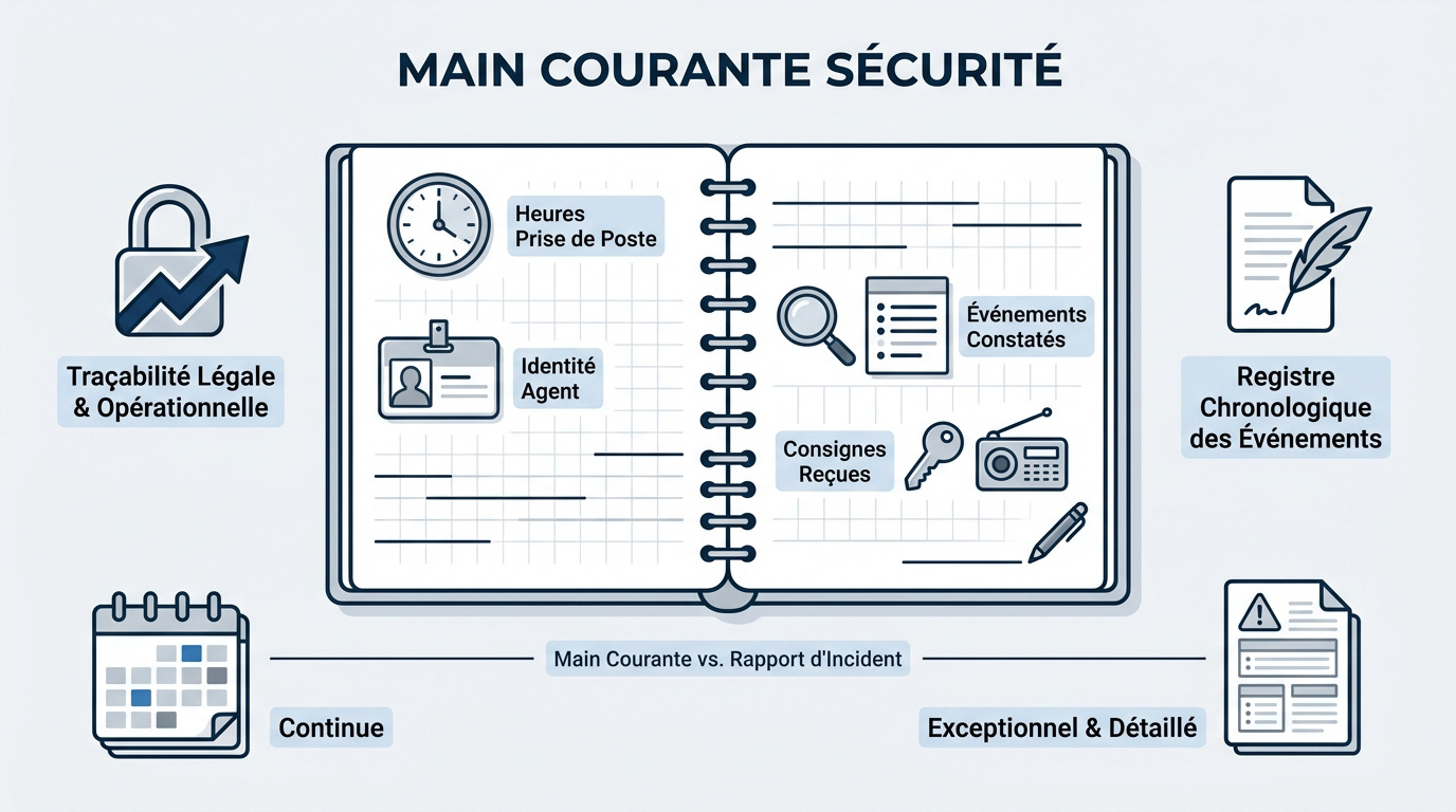 Agent de sécurité remplissant scrupuleusement un registre de main courante sur son site de surveillance