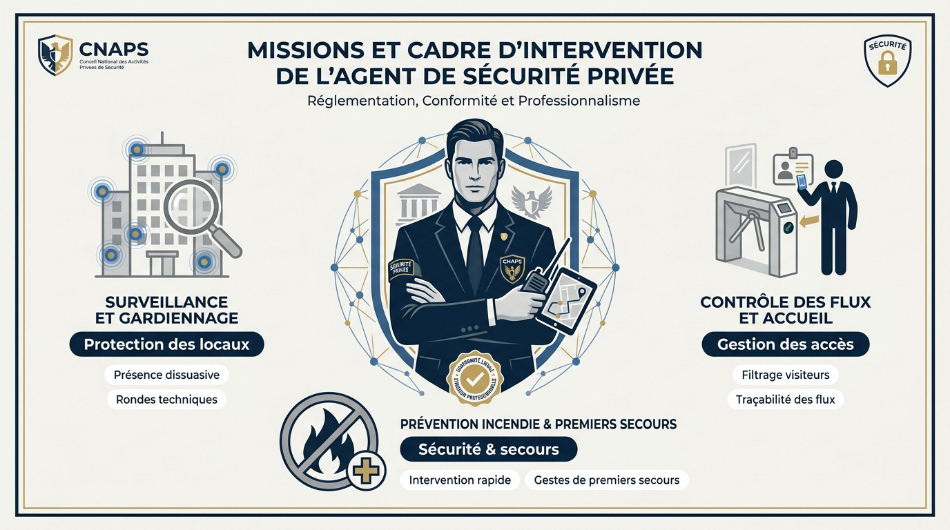 Agent de sécurité privée effectuant un contrôle d'accès à l'entrée d'un bâtiment professionnel
