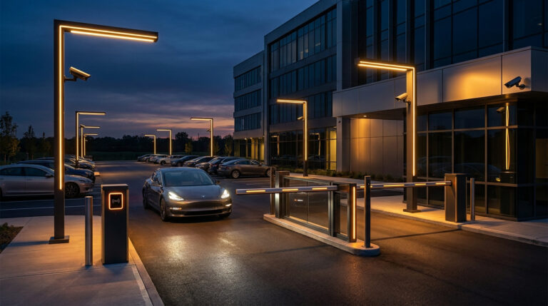 Une voiture entrant dans un parking professionnel sécurisé avec barrière automatique, éclairage LED et caméras de nuit.
