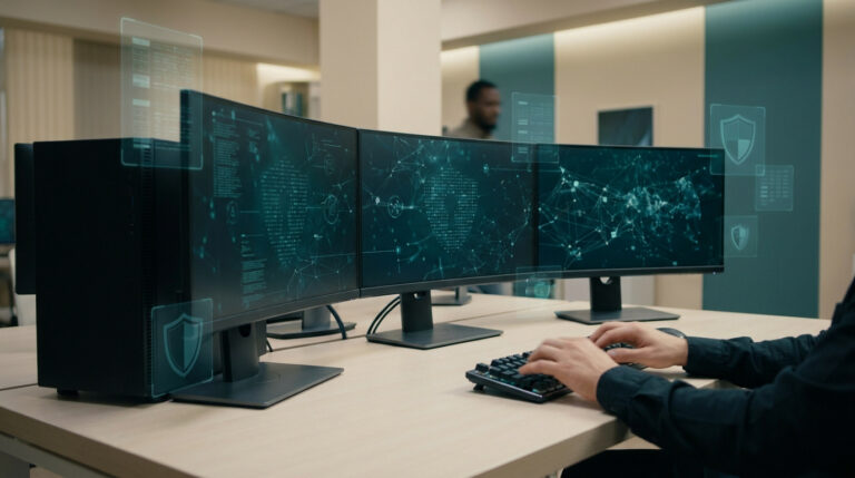 Un employé travaille sur trois moniteurs affichant des données réseau et des boucliers de cybersécurité.