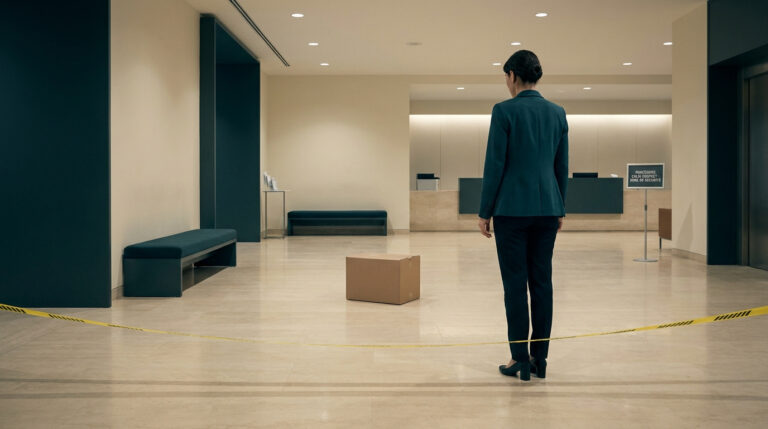 Une femme en tailleur observe un colis abandonné dans un hall d'accueil délimité par un ruban de sécurité jaune.