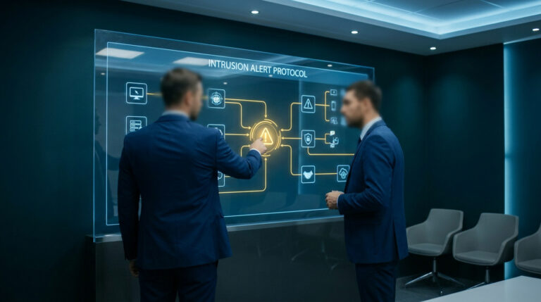 Deux hommes en costume analysent un protocole d'alerte intrusion sur un écran tactile numérique translucide.