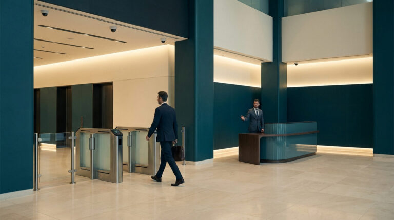 Un homme d'affaires traverse un portique de sécurité sous le regard d'un hôte d'accueil dans un hall moderne.