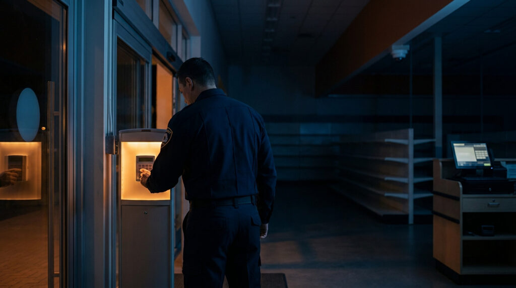Agent de sécurité utilisant un pavé numérique pour verrouiller une porte de magasin sombre.