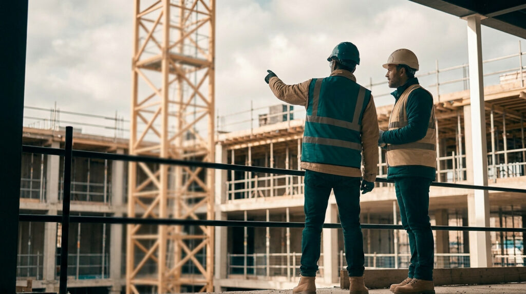 Deux professionnels en EPI sur un chantier de construction, l'un pointe une grue jaune.