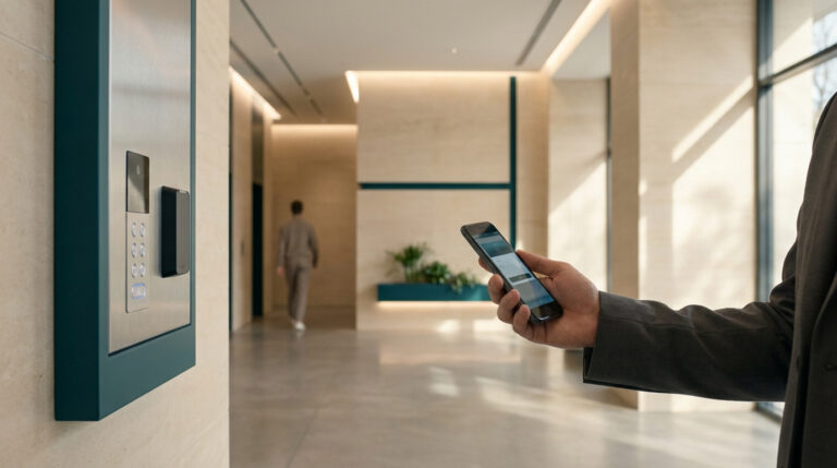 Une personne utilise son smartphone pour déverrouiller l'accès à un hall d'immeuble moderne avec un interphone mural.