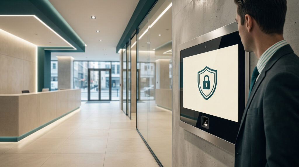 Un homme en costume utilisant un lecteur d'accès biométrique affichant une icône de bouclier dans un hall d'entreprise.