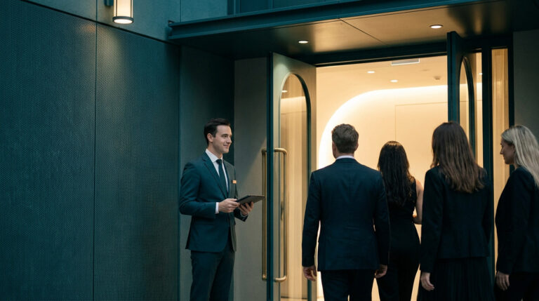Un hôte en costume accueille des invités professionnels à l'entrée d'un bâtiment moderne et élégant.