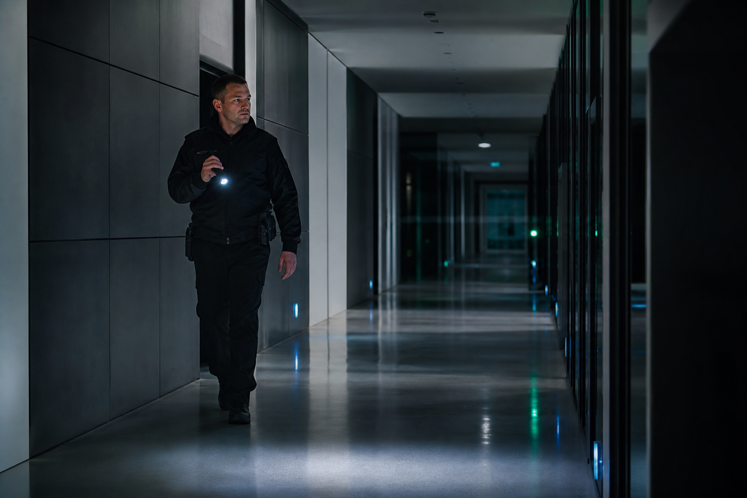 Agent de sécurité effectuant une ronde de nuit dans un site professionnel
