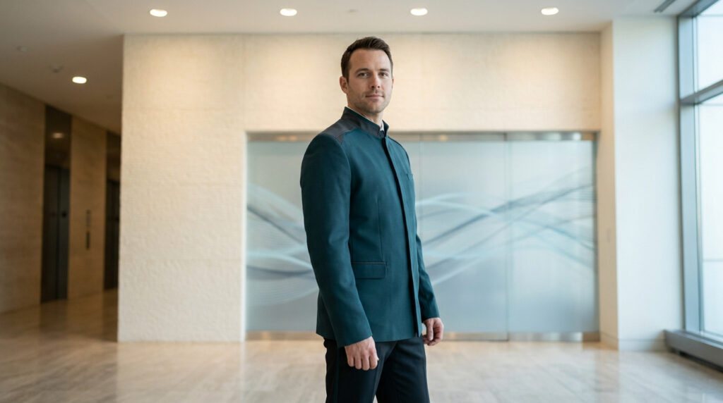 Un agent de sécurité élégant portant une veste bleu canard dans un hall d'immeuble moderne.