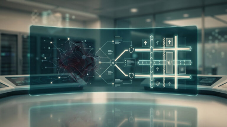 Interface holographique affichant un flux de données réseau complexe et des icônes de boucliers dans un centre de serveurs.