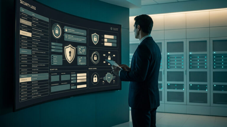 Un expert en cybersécurité surveillant des journaux d'incidents sur un grand écran dans un centre de données moderne.
