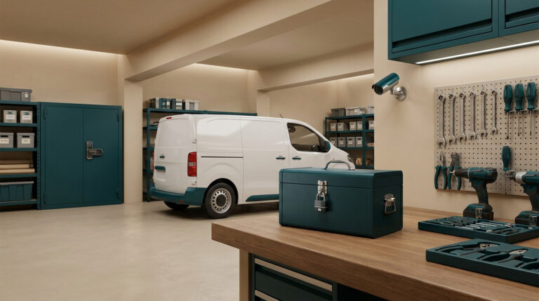 Atelier avec un utilitaire, une boîte à outils cadenassée, un coffre-fort et une caméra de surveillance murale.