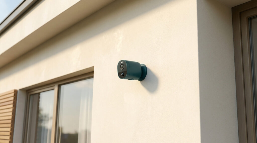Caméra de sécurité sans fil fixée au mur extérieur d'une maison moderne à la lumière du jour.