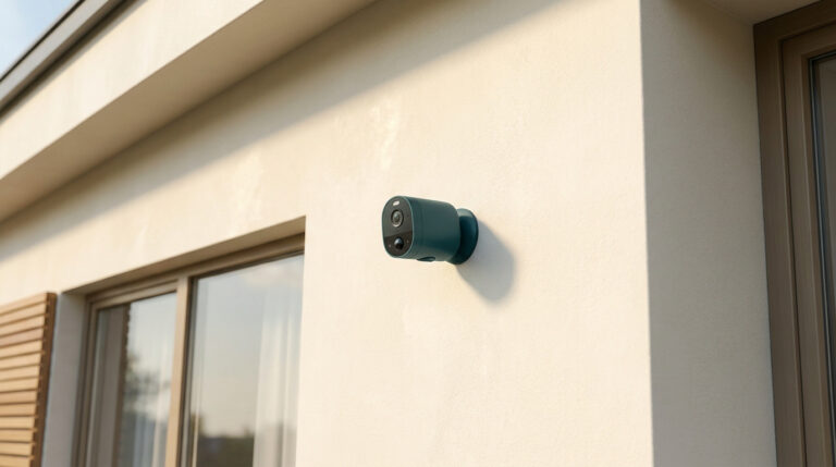 Caméra de sécurité sans fil fixée au mur extérieur d'une maison moderne à la lumière du jour.