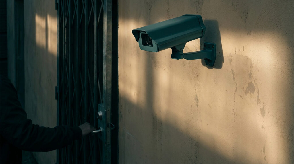 Une caméra de surveillance fixée à un mur alors qu'une personne tente d'ouvrir une porte grillagée.